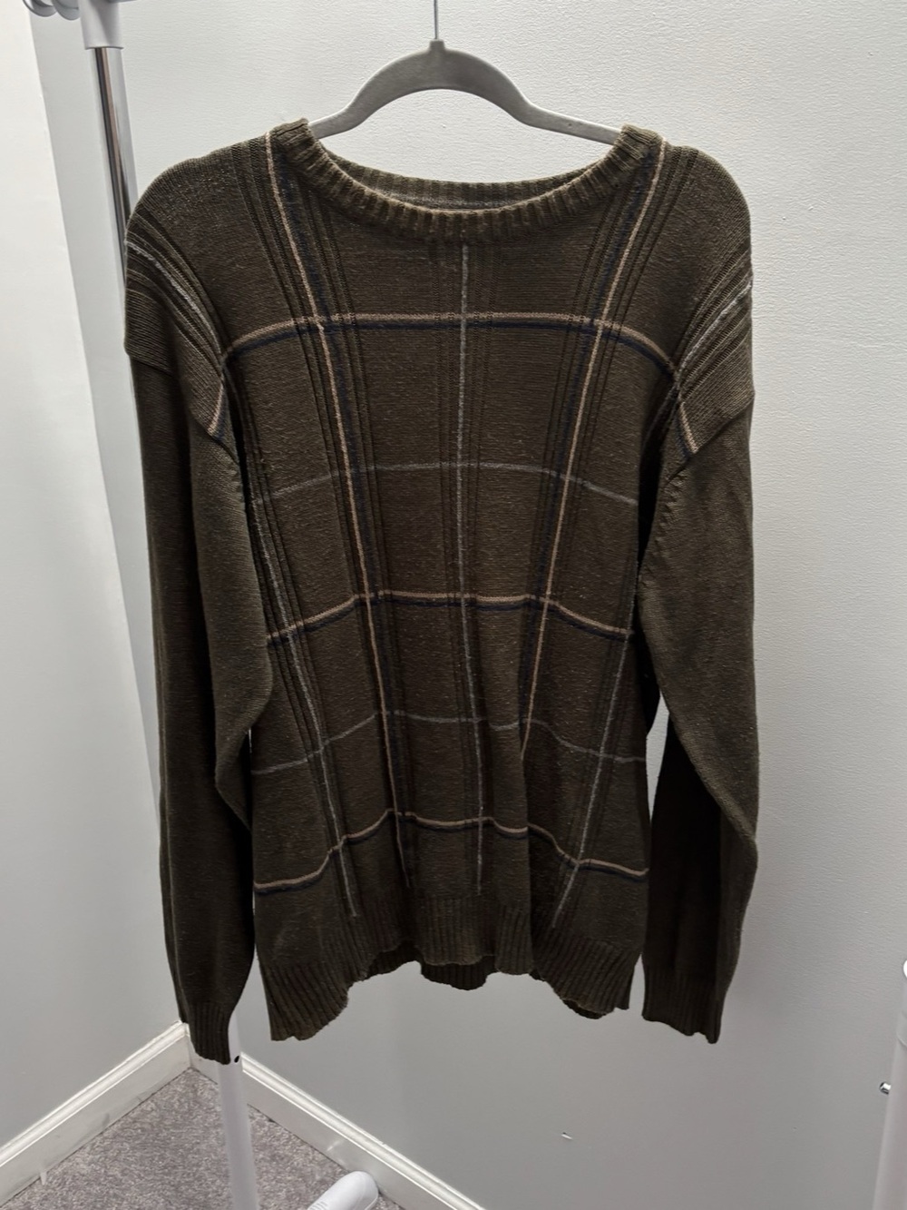 Oscar de la Renta Green Plaid Cotton Blend Sweater